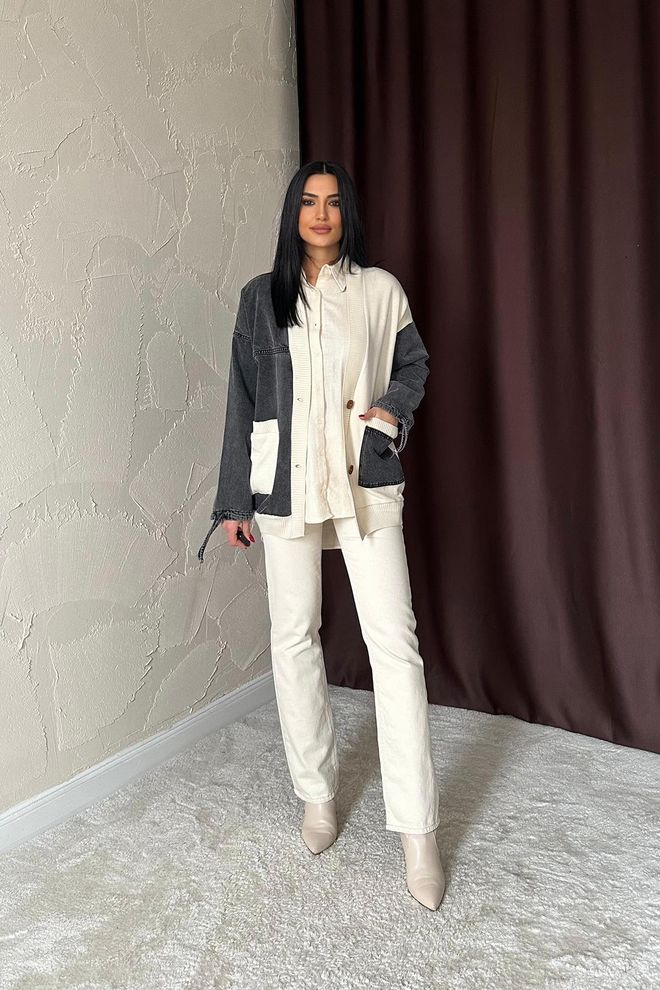 Elisa Cardigan In Denim Guarnito Nero Ed Ecru Abbigliamento all'ingrosso Casuale