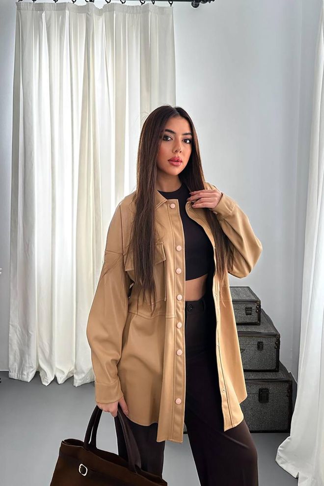 L&C Beige Überhemd Übergroße Passform Jacke Großhandelskleidung Lässig