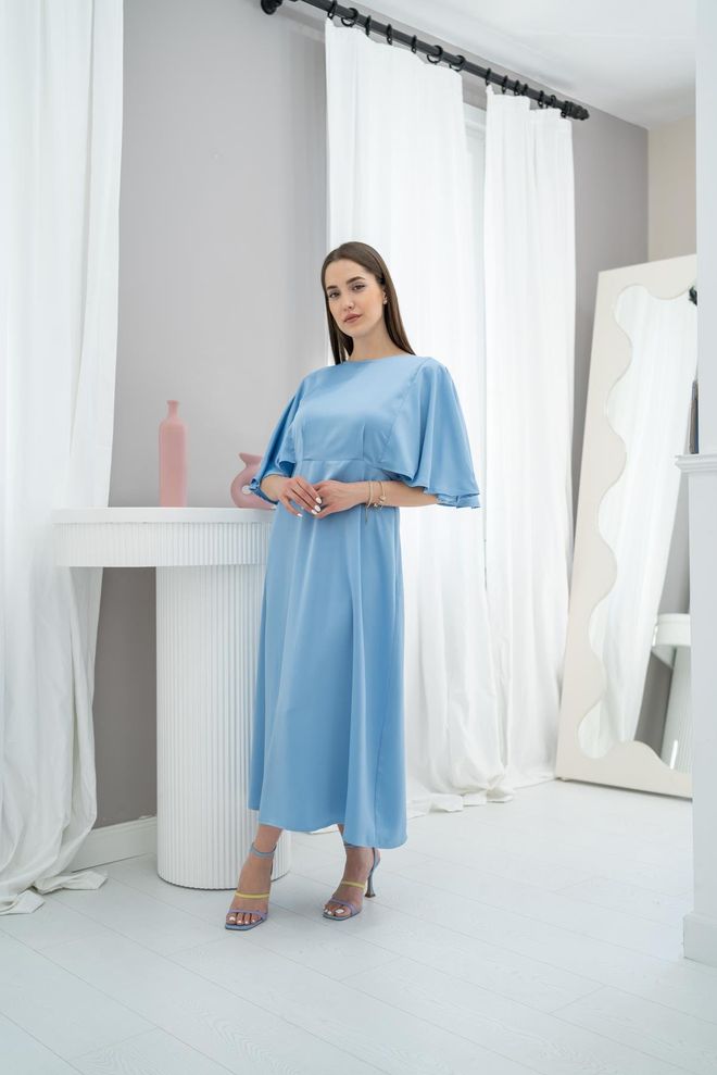 L&C Vestido Midi Azul Elegante Em Linha A Com Mangas Capa Roupas por atacado Sem Tecido