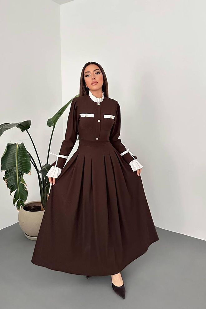 Elisa Brązowa Elegancka Sukienka W Kształcie Litery A Do Podłogi Hurtowa sprzedaż odzieży Skromny