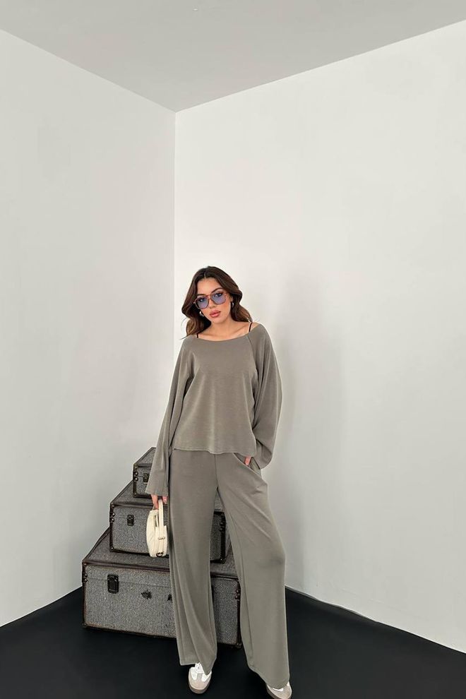 Elisa Set Kaki Casual Elegante Vestibilità Oversize Palazzo Abbigliamento all'ingrosso Modesto