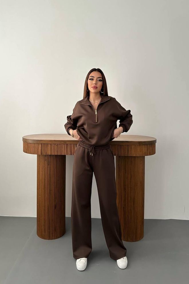 Elisa Set Marrone Casual Sportivo Con Pantaloni Palazzo Con Cerniera Abbigliamento all'ingrosso Casuale