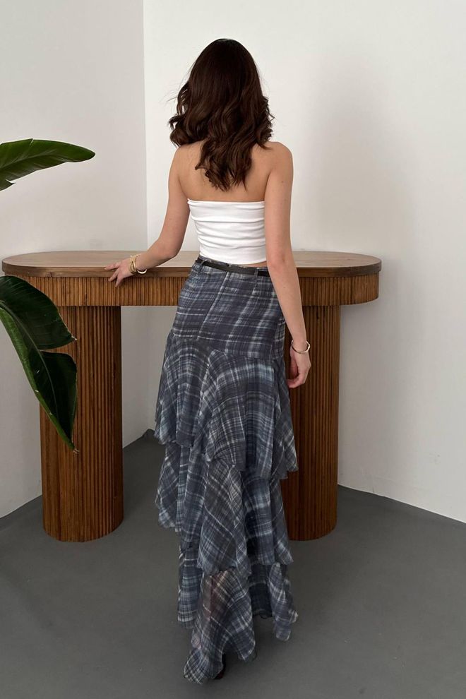 Elisa Grey Checkered Layered Maxi Skirt High Waist Zip Up Wholesale Clothing Boho