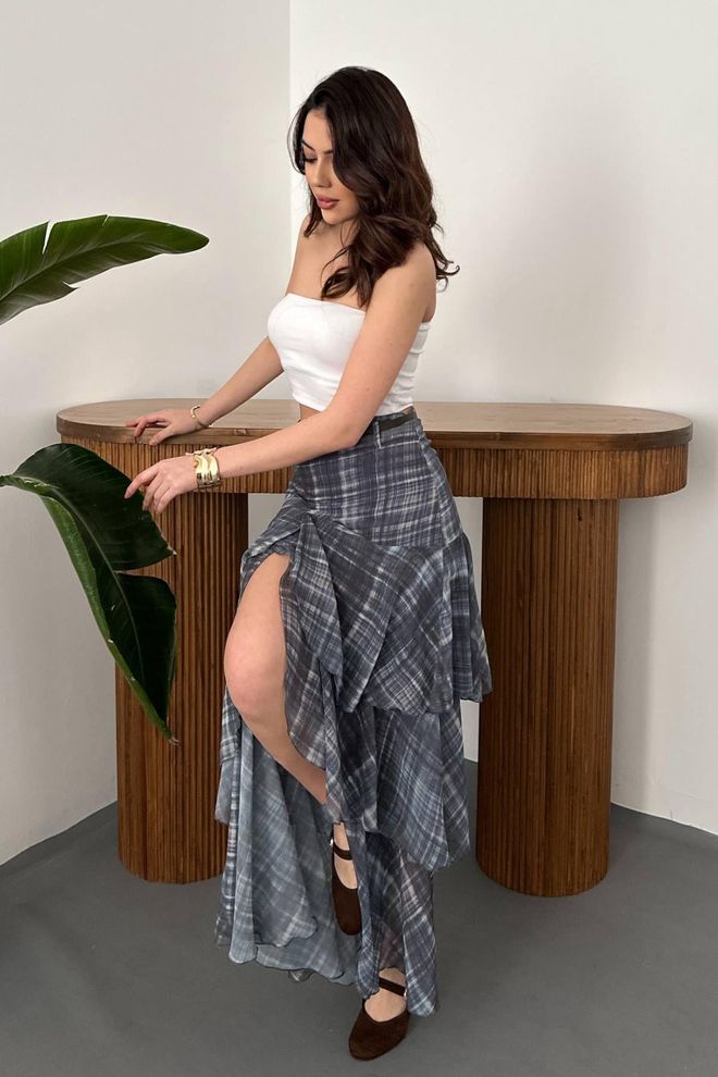 Elisa Grey Checkered Layered Maxi Skirt High Waist Zip Up Wholesale Clothing Lounge