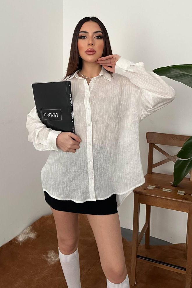 Elisa White Striped Oversized Fit Shirt With Notched Neck Wholesale Clothing Casual
