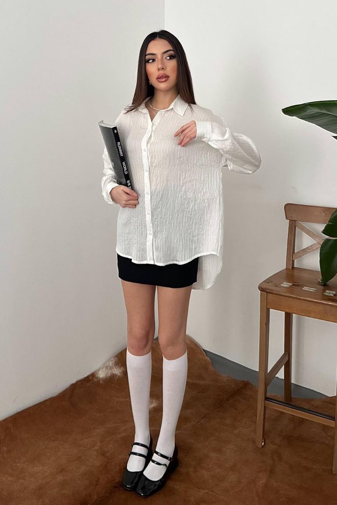Elisa Camisa Branca Às Riscas Oversized Com Decote Entalhado Roupas por atacado Trabalho