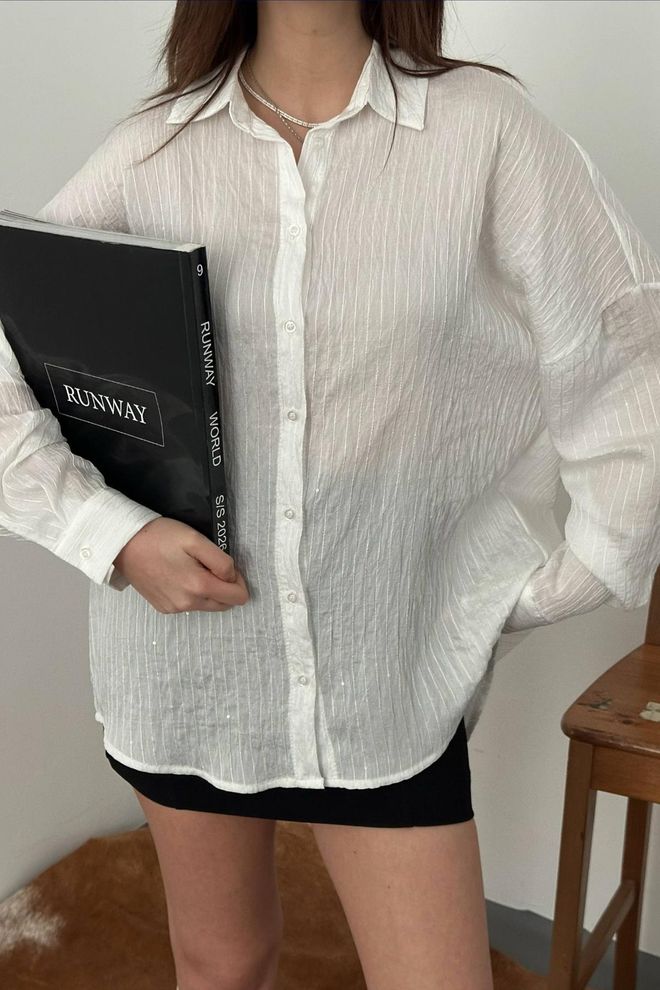 Elisa Camisa Branca Às Riscas Oversized Com Decote Entalhado Roupas por atacado Primavera