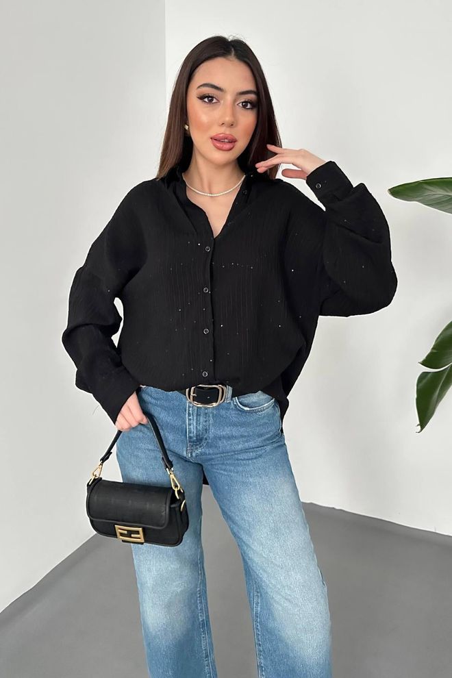 Elisa Black Elegant Oversized Fit Shirt Wholesale Clothing Casual