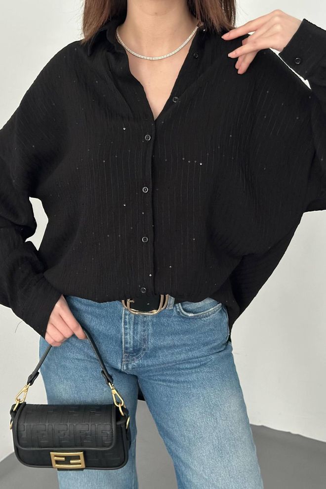 Elisa Cămașă Neagră Elegantă Croială Supradimensionată Îmbrăcăminte cu ridicata Lejer