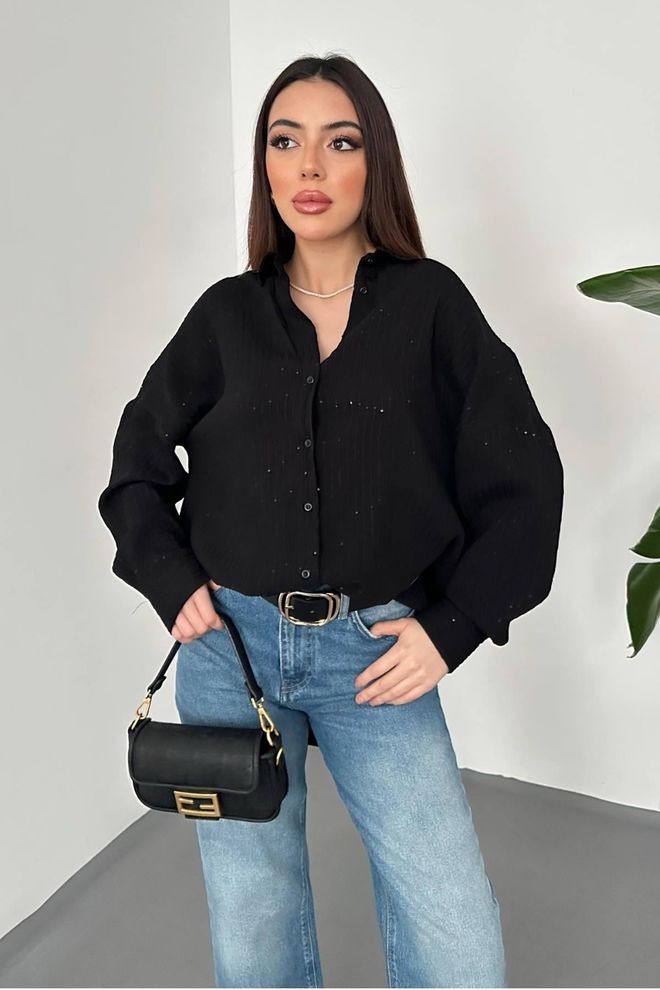 Elisa Cămașă Neagră Elegantă Croială Supradimensionată Îmbrăcăminte cu ridicata 1