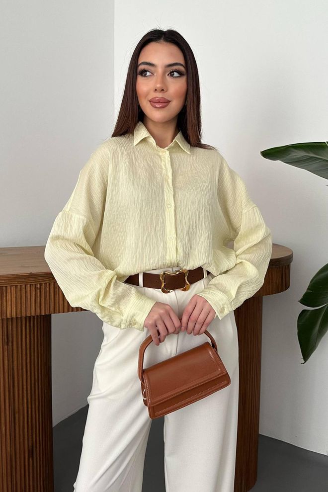 Elisa Beige Oversized Fit Shirt With Notched Neck Wholesale Clothing Casual