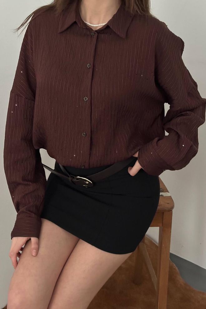 Elisa Claret Red Striped Oversized Polo Neck Shirt Wholesale Clothing Spring
