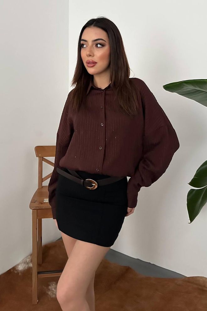 Elisa Claret Red Striped Oversized Polo Neck Shirt Wholesale Clothing 1