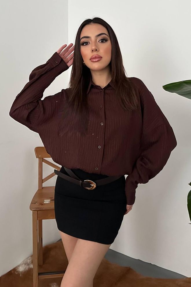 Elisa Claret Red Striped Oversized Polo Neck Shirt Wholesale Clothing Casual