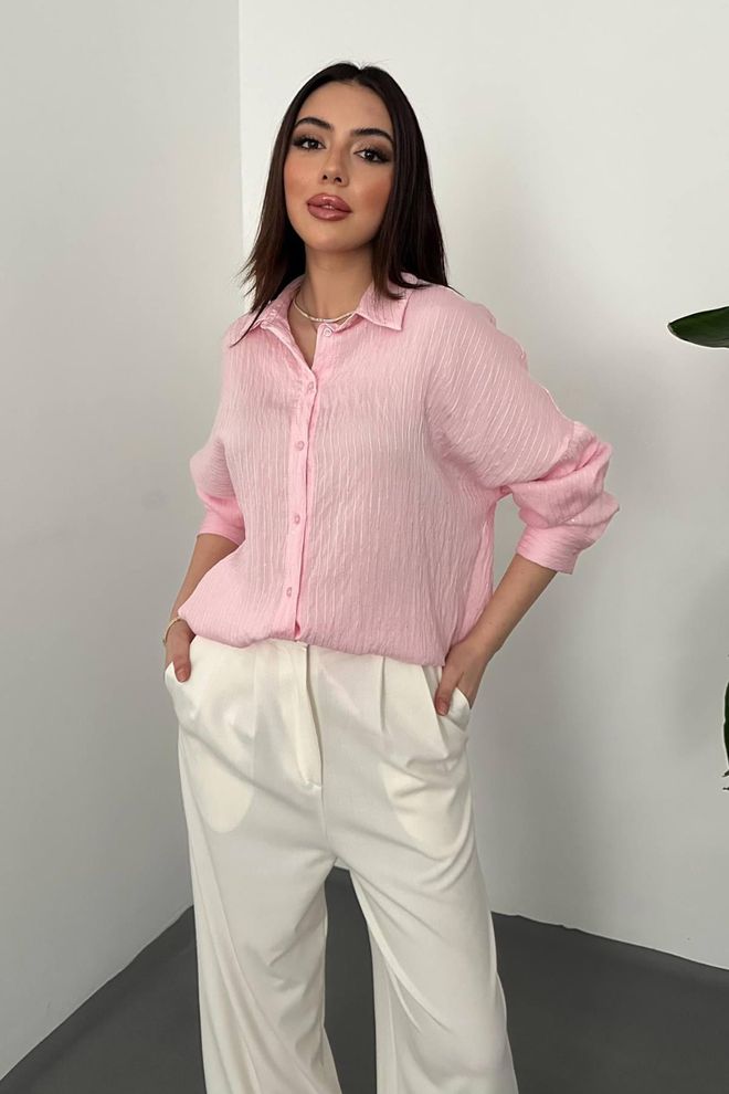 Elisa Pink Striped Oversized Polo Neck Shirt Wholesale Clothing 1