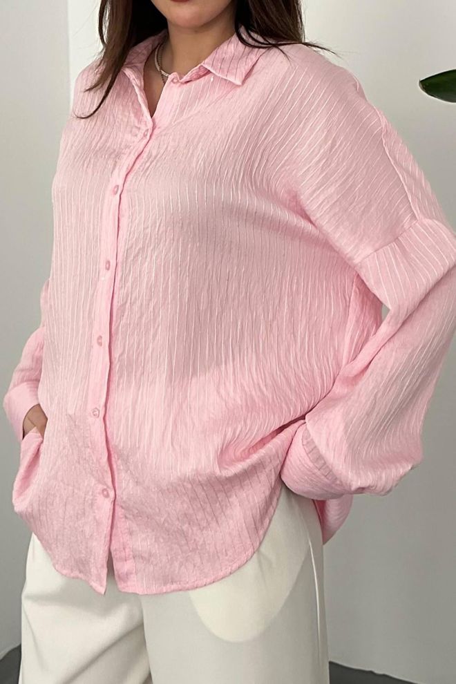 Elisa Pink Striped Oversized Polo Neck Shirt Wholesale Clothing Spring