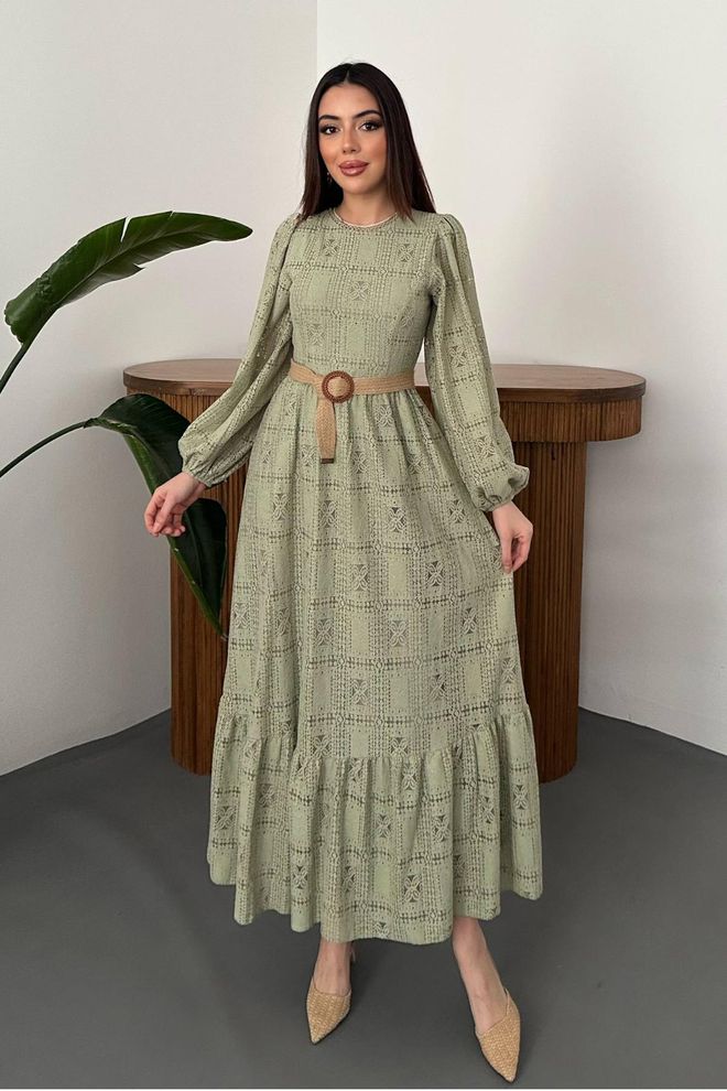 Elisa Khaki Checkered Dress With Ballon Sleeves Wholesale Clothing Modest