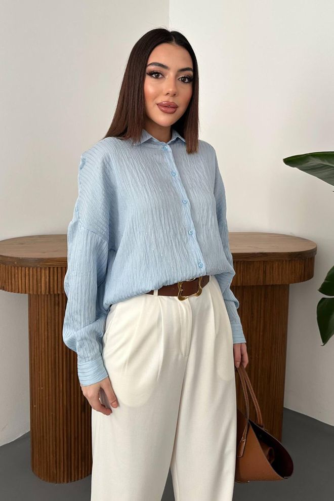 Elisa Blue Oversized Polo Neck Shirt Wholesale Clothing 1