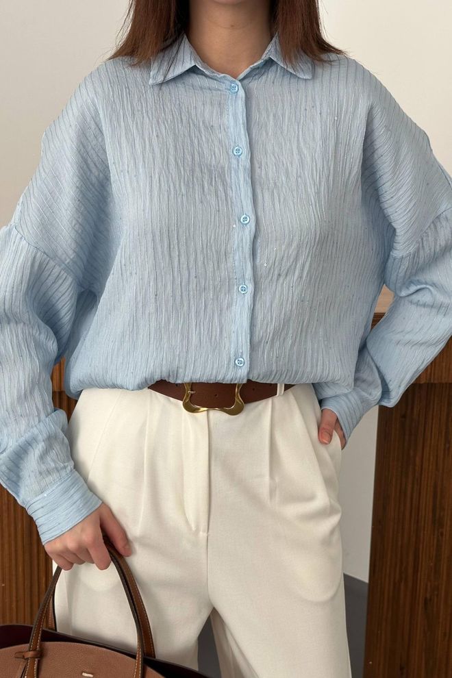 Elisa Blue Oversized Polo Neck Shirt Wholesale Clothing Spring