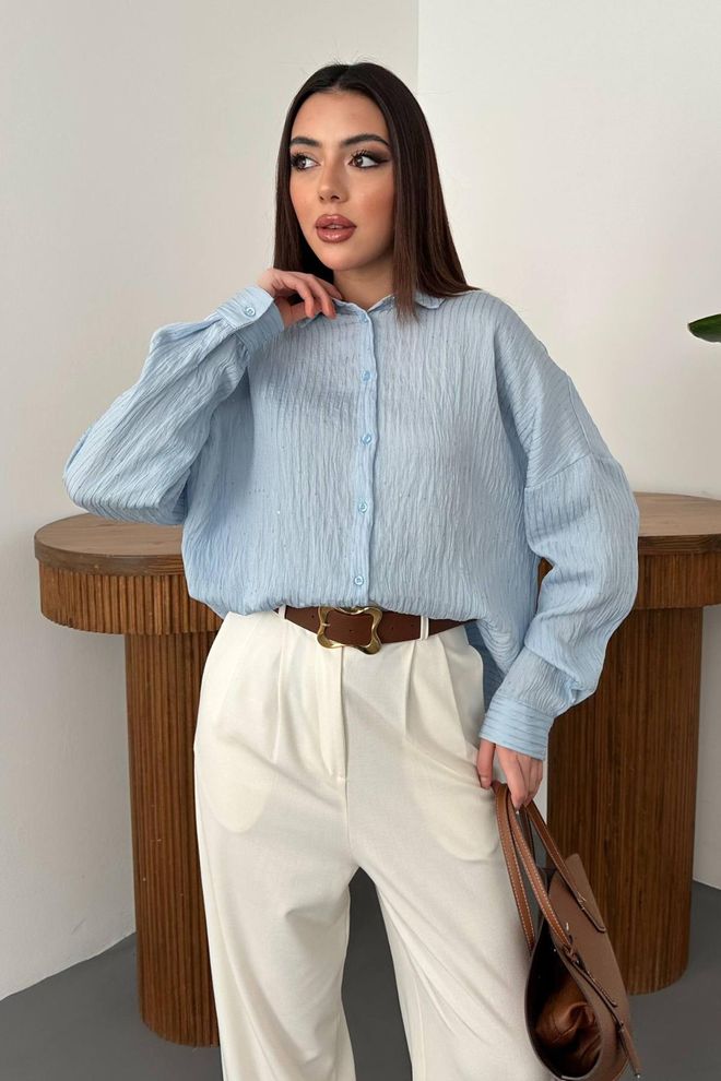 Elisa Blue Oversized Polo Neck Shirt Wholesale Clothing Casual