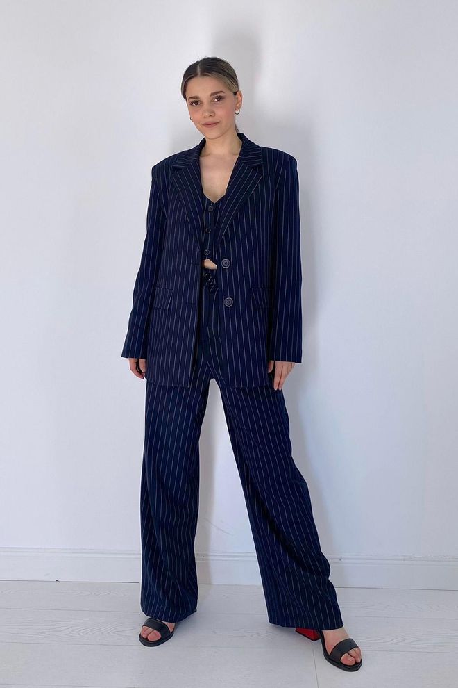 Elisa Striped Jacket & Vest & Trouser Suit Navy Blue Wholesale Clothing Formal