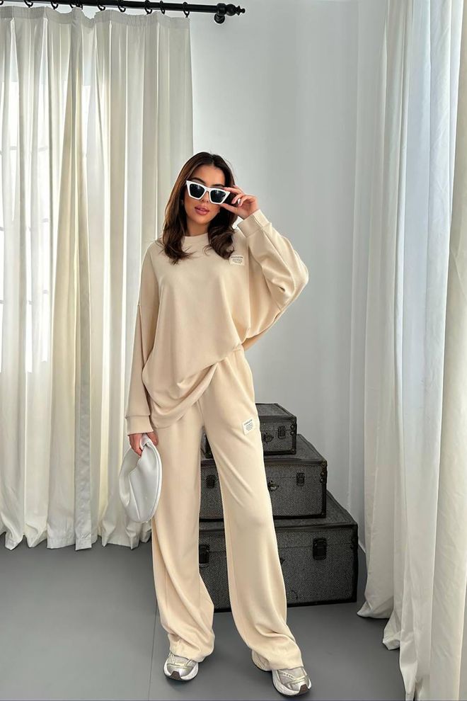 Elisa Ribbed Comfort Blouse & Trouser Suit Beige Wholesale Clothing Modest