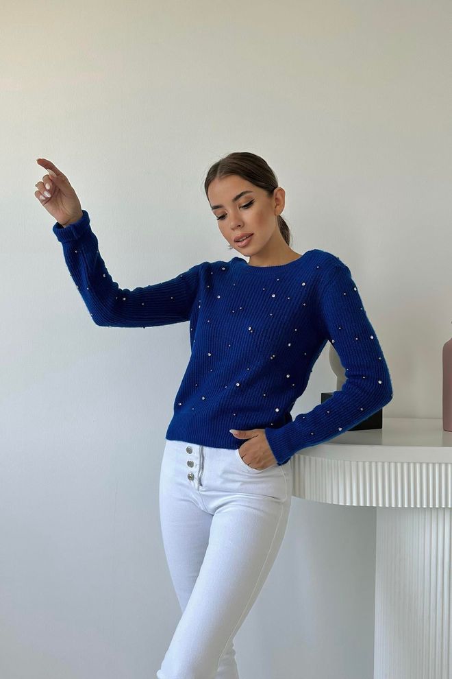 Elisa Beaded Knitwear Sweater Blue Wholesale Clothing Casual