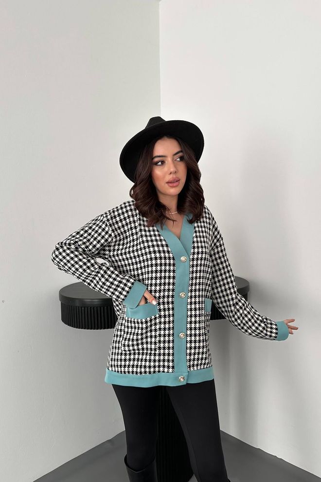 Elisa Atlas Garnished Houndstooth Cardigan Black Wholesale Clothing Casual