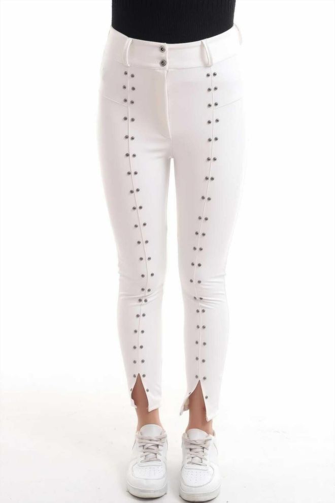 Elisa Stone Embroidered Leather Leggings White Wholesale Clothing Casual