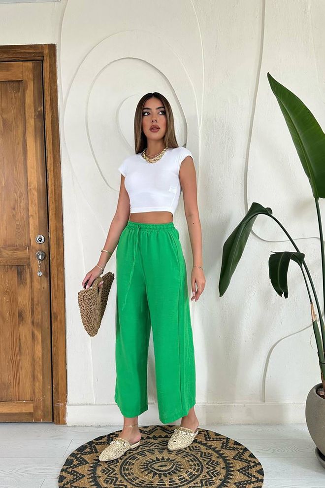 Elisa Linen Trousers Green Wholesale Clothing Casual