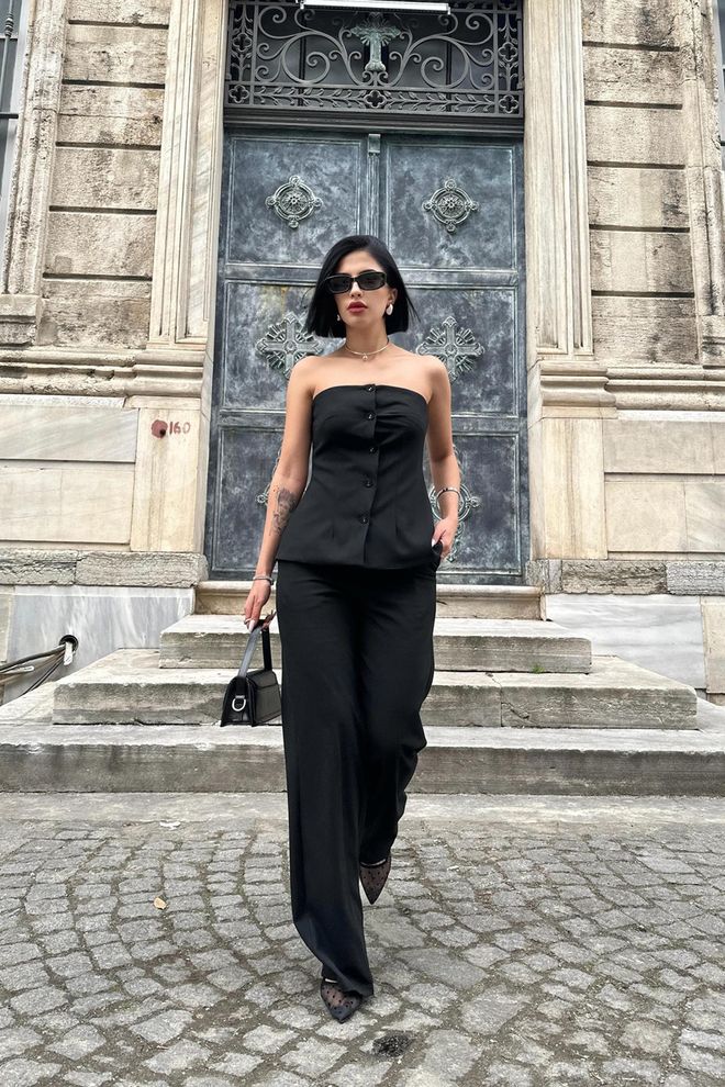 Elisa Strapless Buttoned Crop And Trousers Set Black Wholesale Clothing Formal