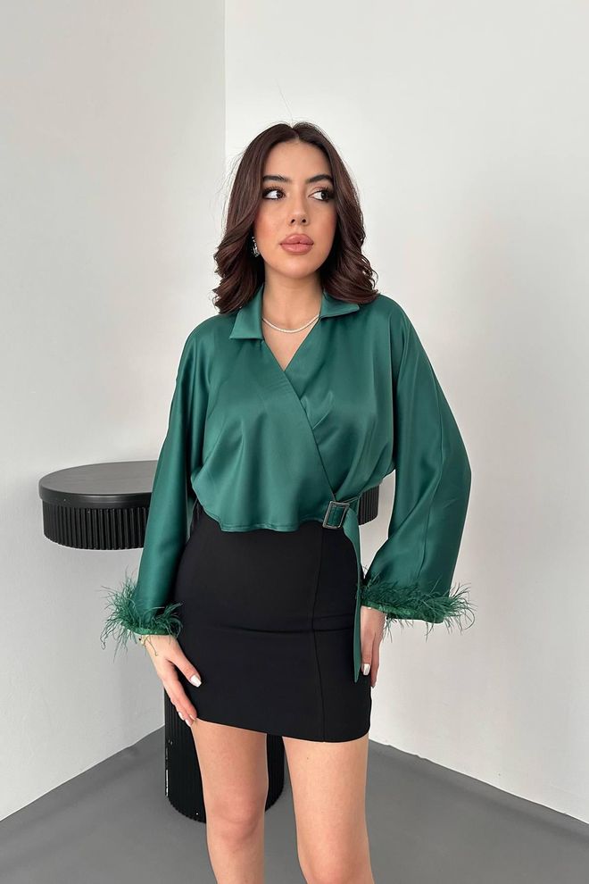Elisa Satin Crop With Feather Sleeves Emerald Wholesale Clothing Formal