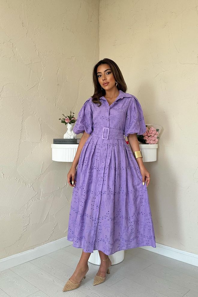 Elisa Balloon Sleeve Pleated Dress Lilac Wholesale Clothing Casual