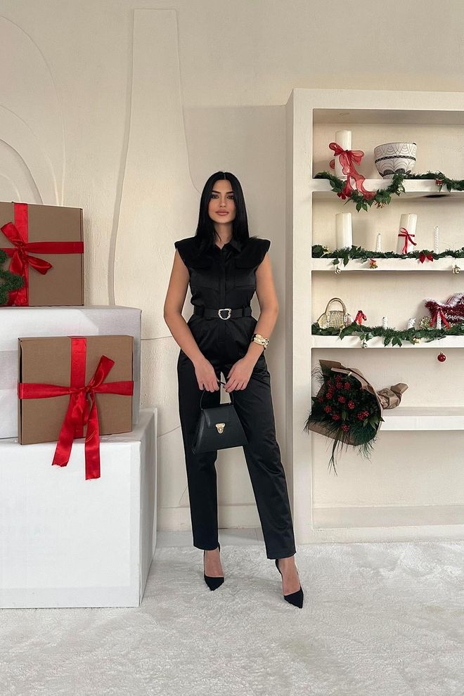 Elisa Padded Belted Jumpsuit Black Wholesale Clothing Elegant