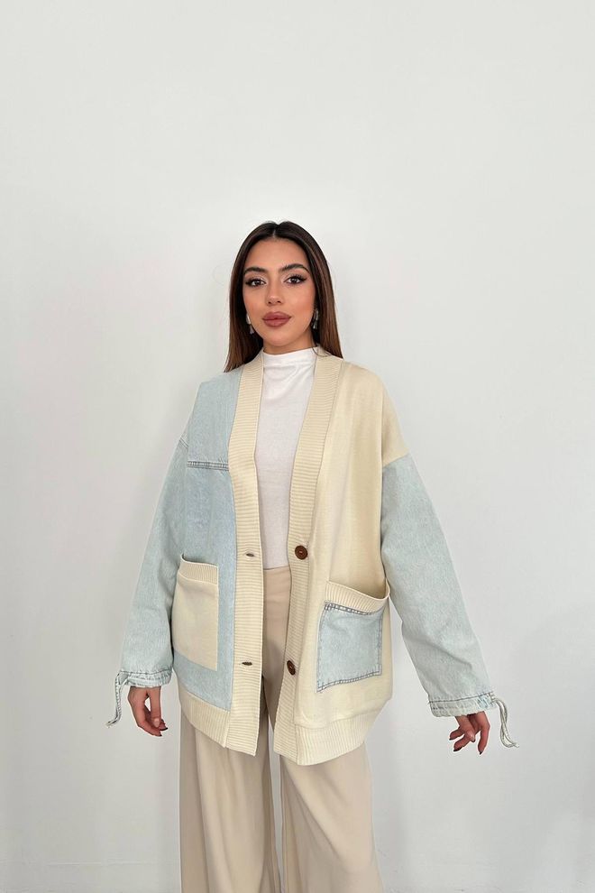 Elisa Garnished Denim Cardigan Blue Wholesale Clothing No Fabric