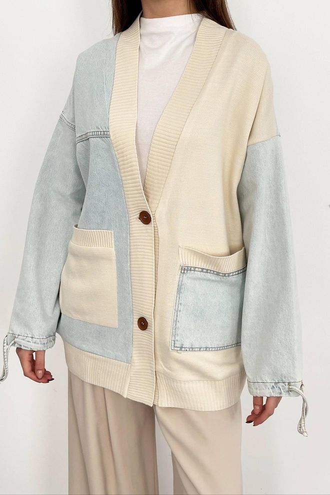 Elisa Garnished Denim Cardigan Blue Wholesale Clothing Winter