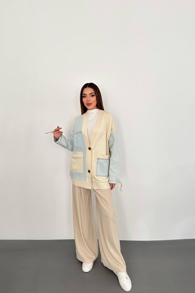 Elisa Garnished Denim Cardigan Blue Wholesale Clothing Birthday