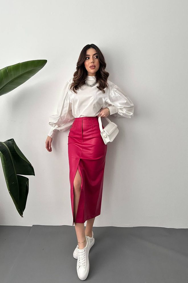 Elisa Slit And Embroidered Placket Skirt Fuchsia Wholesale Clothing Casual