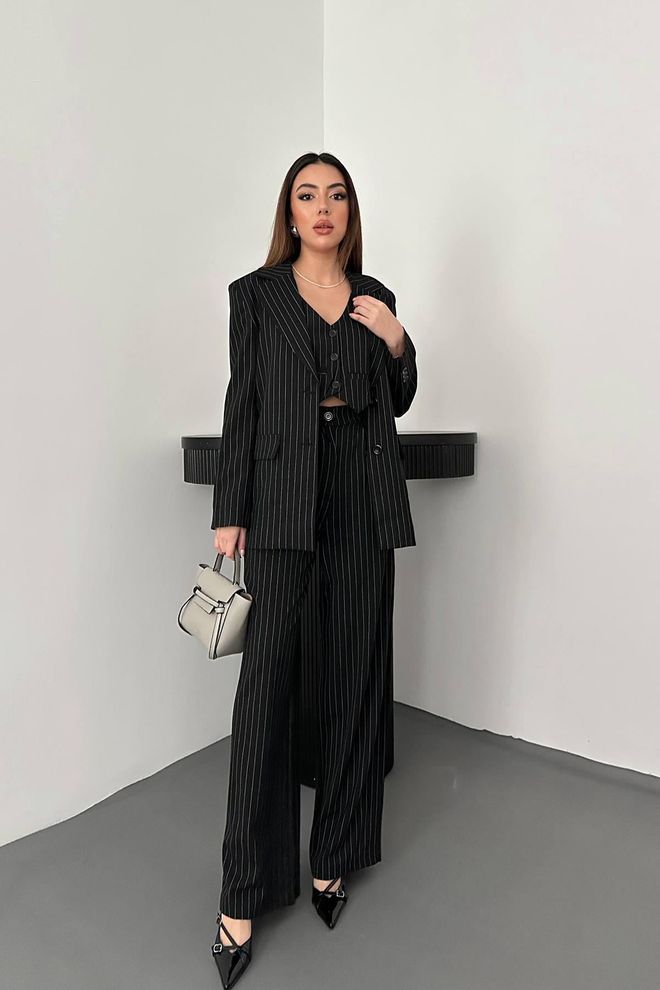 Elisa Striped Jacket & Vest And Trouser Set Black Wholesale Clothing Formal