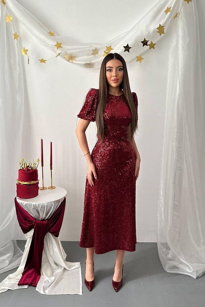 Elisa Sequin Dress Claret Red Wholesale Clothing Elegant