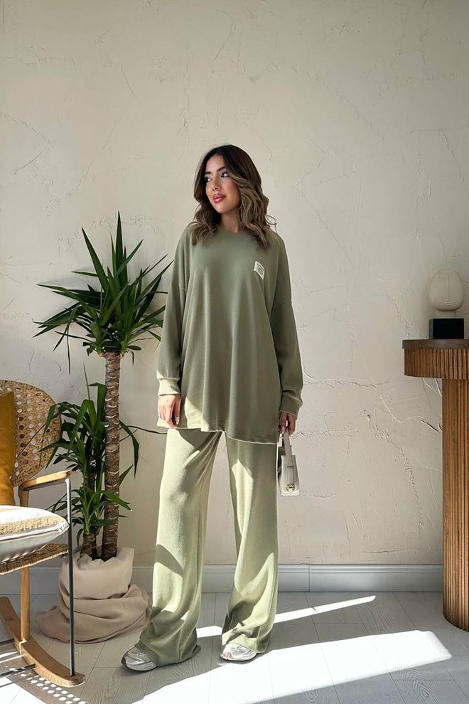 Elisa Classic Ribbed Sweater And Pants Set Green Wholesale Clothing Modest