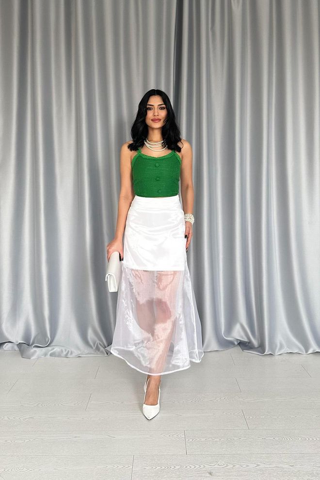 Elisa Organza Detailed Atlas Skirt White Wholesale Clothing Elegant