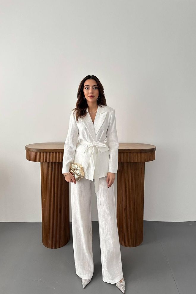 Elisa Waist Belt Jacket And Pants Shiny Suit Ecru Wholesale Clothing Elegant