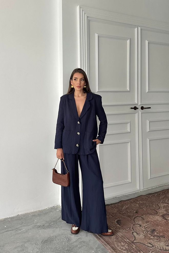 Elisa Wholesale Navy Blue Oversize Mueslin Suit Wholesale Clothing Casual