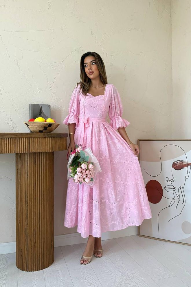 Elisa Wholesale Pink Sleeve Elastic Embroidery Dress Wholesale Clothing Formal