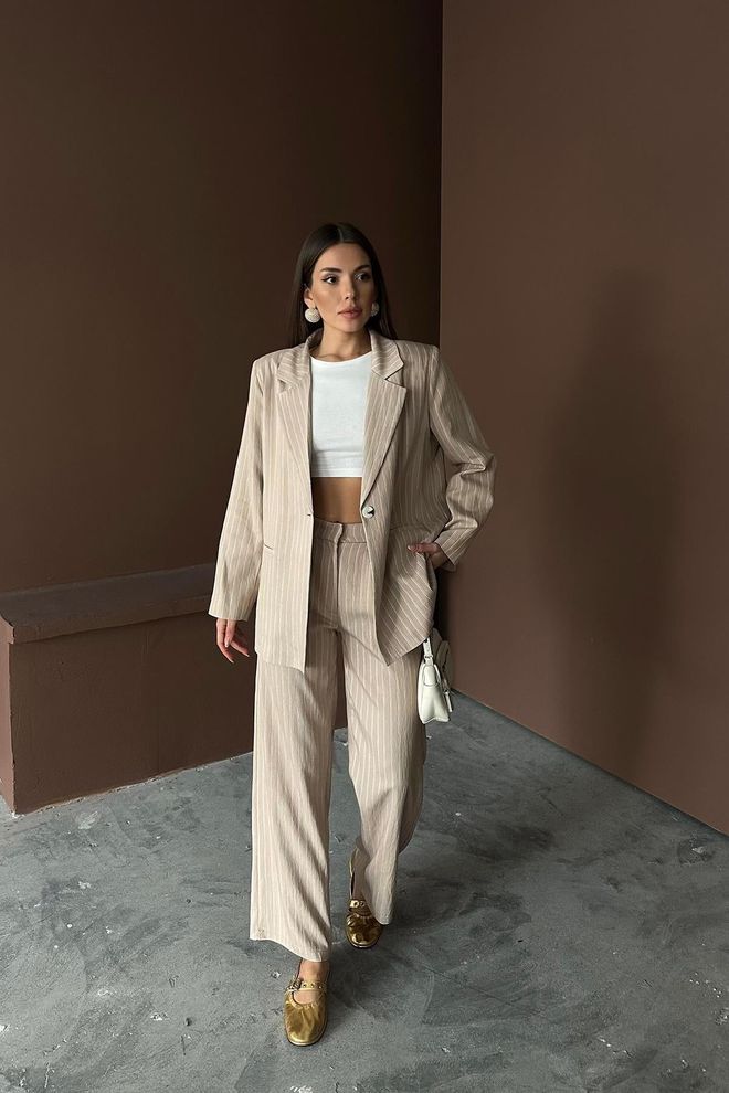 Elisa Wholesale Beige Striped Jacket And Pants Suit Wholesale Clothing Casual