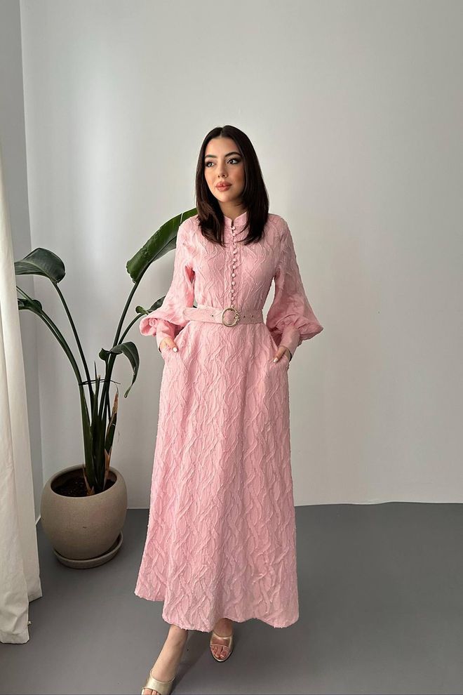 Elisa Long Dress With Belt Detail Powder Pink Wholesale Clothing Elegant