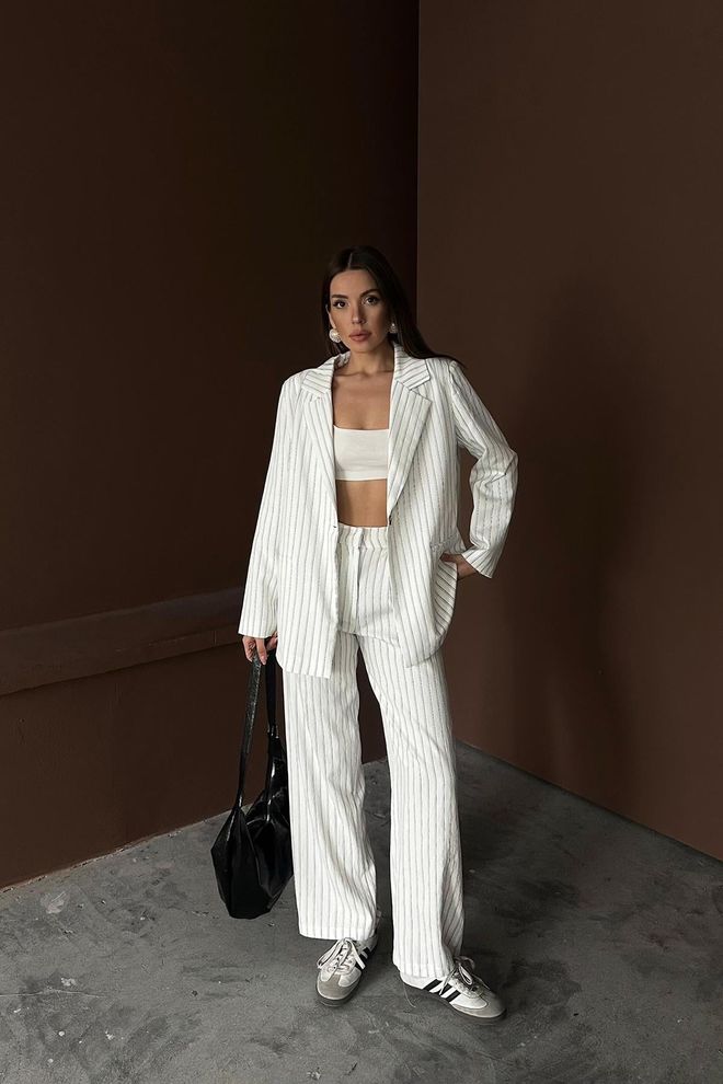 Elisa Striped Jacket And Pants Set White Wholesale Clothing Casual