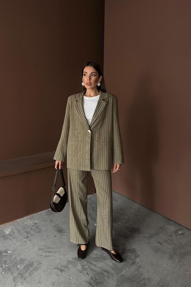 Elisa Wholesale Khaki Striped Jacket And Pants Suit Wholesale Clothing Casual