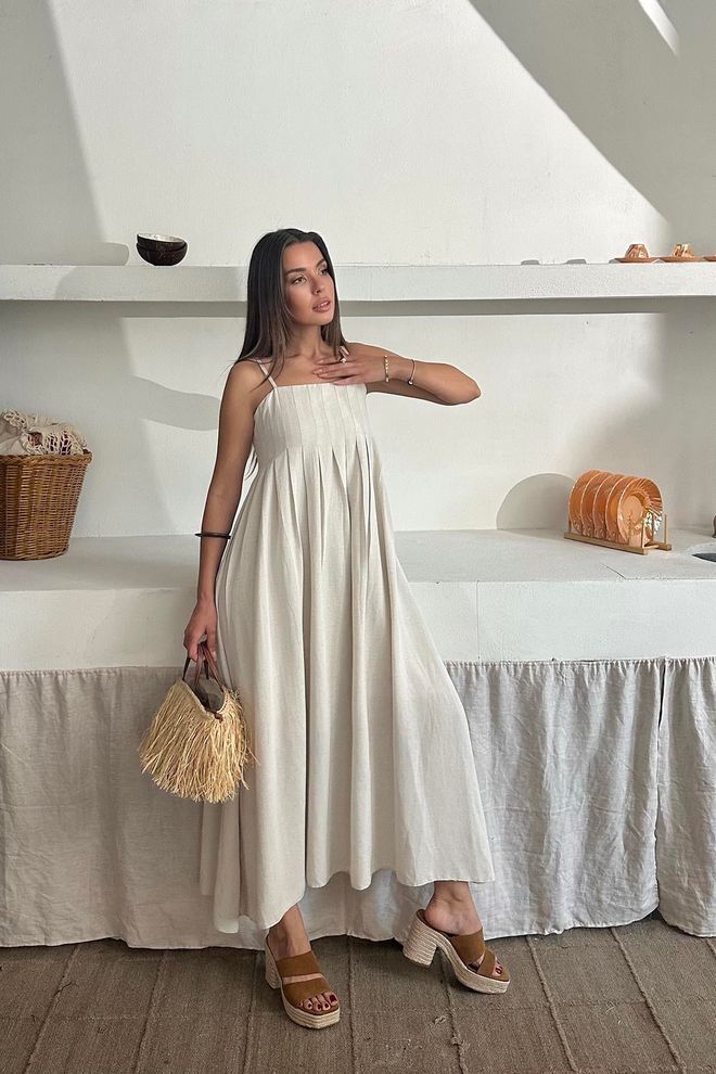 Elisa Vestido De Lino Plisado Con Tiras Beige Al Por Mayor Ropa al por mayor Casual